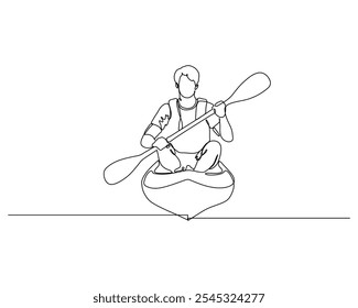 continuous one-line drawing depicting a person skillfully kayaking on calm waters. The elegant simplicity captures the essence of outdoor adventure and the fluidity of movement in a seamless style