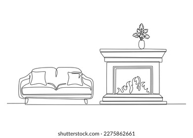 Continuous one-line drawing design long couch with a fireplace beside it. Living room concept single line draw design graphic vector illustration