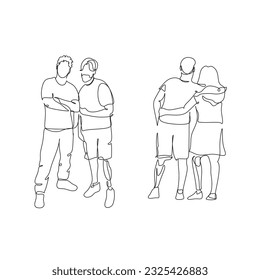 Continuous one-line drawing of a disabled person on prostheses. Single line art graphic design vector. The friendship between disabled and healthy persons. 