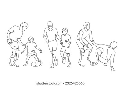 Continuous one-line drawing of disabled sportsmen on prostheses. Man disability runs. Disabled sportsman play or run with disabled boys or girls. Friendship. Disabled sport, championship, game. 