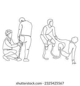 Continuous one-line drawing of disabled sportsmen on prostheses. Man disability runs. Disabled sportsman play or run with disabled boys or girls. Friendship. Disabled sport, championship, game. 