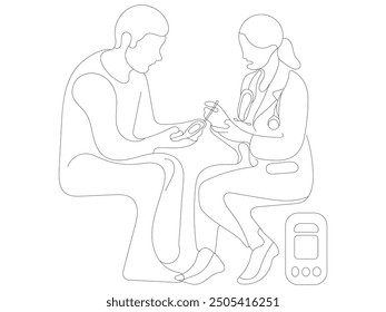 Dibujo continuo de una línea Doctor ayudando al paciente a controlar la diabetes en el hospital Ilustración vectorial conceptual del Día Mundial de la Diabetes
