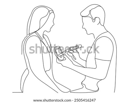 continuous one-line drawing doctor helping patient to check diabetes in hospital world diabetes day concept vector illustration