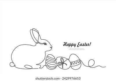 Continuous one-line drawing of Easter Bunny . Cute rabbit silhouette and eggs in  simple minimalistic style for spring design greeting card and web banner. Vector illustration. easter one-line art.