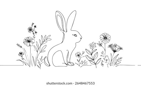 Continuous one-line drawing of Easter Bunny. Cute rabbit silhouette with ears in a simple minimalistic style for spring design greeting card and web banner. Vector illustration. easter one-line art.