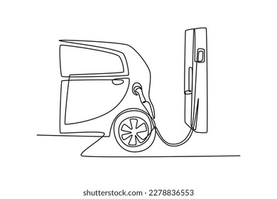 Continuous one-line drawing of electric car charging at the back. Electric car concept single line draws design graphic vector illustration