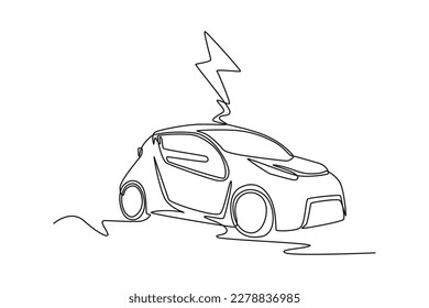 Continuous one-line drawing electric car with electric symbol on it. Electric car concept single line draws design graphic vector illustration