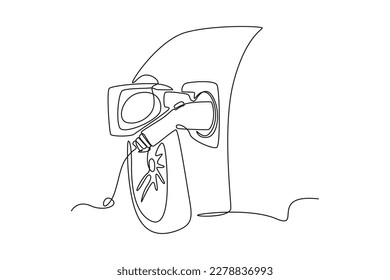 Continuous one-line drawing electric car is being charged at the station. Electric car concept single line draws design graphic vector illustration