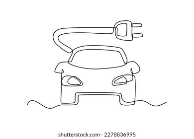 Continuous one-line drawing of electric car and charger on it. Electric car concept single line draws design graphic vector illustration