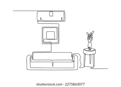 Continuous one-line drawing of elegant living room architecture with air conditioning and wall hangings. Living room concept single line draw design graphic vector illustration