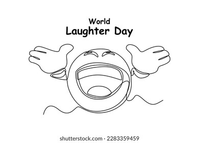 Continuous one-line drawing emoji laughing while raising hands. World laughing day concept single line draws design graphic vector illustration