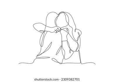 Continuous one-line drawing of female friends hugging. Friendship Day concept. Single line drawing design graphic vector illustration