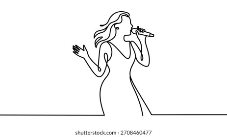 "Continuous one-line drawing of a female singer performing with microphone – minimalist music illustration, elegant artistic line art design for posters, concerts, events and creative projects"
