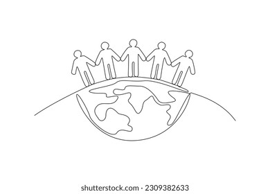 Continuous one-line drawing five humans on Earth. World population day concept. Single line drawing design graphic vector illustration