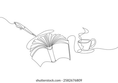 Continuous One-line drawing of a fountain pen, open book, and coffee cup. Minimalist and elegant, symbolizing writing, learning, and relaxation. Perfect for editorial and education. Editable stroke