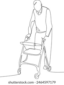 Continuous one-line drawing of a full-length portrait of an elderly man with sore legs. Minimal outline concept. Vector illustration. Without artificial intelligence