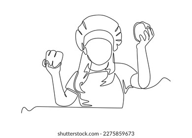 Continuous one-line drawing girl holding a bell pepper. Kitchen activity concept. Single line draw design graphic vector illustration
