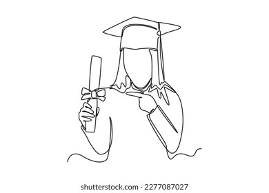 Continuous one-line drawing graduates pointing graduation certificates. Class of 2023 concept single line draws design graphic vector illustration