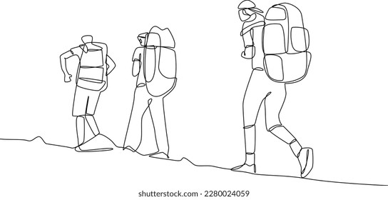 Continuous one-line drawing of a group of men climbing the mountain. Experiential in traveler concept. Single line drawing design graphic vector illustration