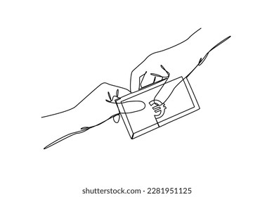 Continuous one-line drawing a hand giving a euro currency. Country currency concept. Single line drawing design graphic vector illustration