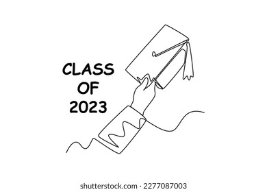 Continuous one-line drawing hand holding graduation paper. Class of 2023 concept single line draws design graphic vector illustration