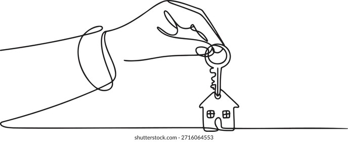 Dibujo continuo de una línea de una mano que sostiene una llave de casa. Ilustración de arte de una sola línea para conceptos inmobiliarios. Gráfico de Vector minimalista de la propiedad de la casa. Bosquejo de la mano y la llave con el símbolo de la casa. Elemento de diseño para comprar, vender o alquilar una propiedad.