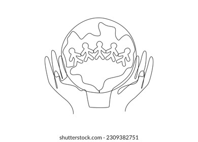 Continuous one-line drawing hand protecting the human population. World population day concept. Single line drawing design graphic vector illustration