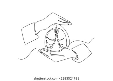 Continuous one-line drawing a hand protects the lungs. No tobacco day concept single line draws design graphic vector illustration