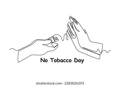 Dibujo continuo en una línea de una mano mostrando rechazo a que se le dé un cigarrillo. Ningún concepto del día del tabaco diseño de líneas simples ilustración vectorial