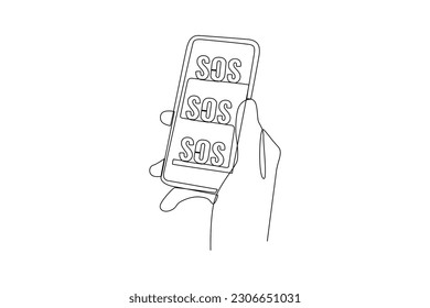 Continuous one-line drawing hand-holding Emergency SOS cellphone. Emergency SOS concept. Single line drawing design graphic vector illustration