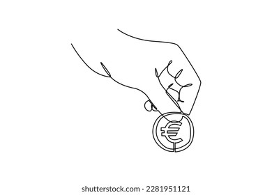 Continuous one-line drawing a hand-holding A euro coin. Country currency concept. Single line drawing design graphic vector illustration