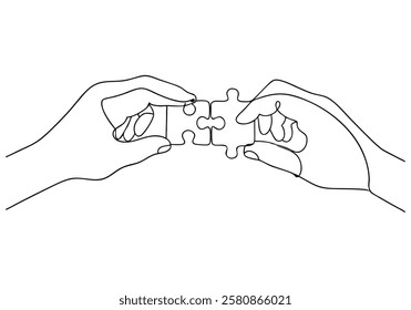 Continuous One-Line Drawing of Hands Solving Puzzle Pieces - Minimalist Teamwork Concept
