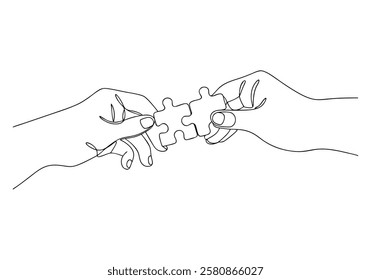 Continuous One-Line Drawing of Hands Solving Puzzle Pieces - Minimalist Teamwork Concept