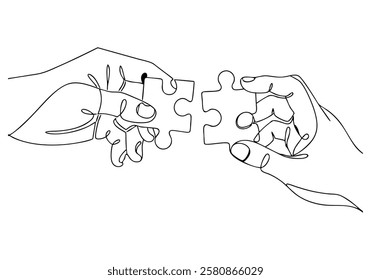 Continuous One-Line Drawing of Hands Solving Puzzle Pieces - Minimalist Teamwork Concept