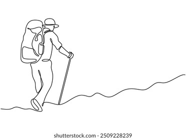 Continuous one-line drawing of a hiker navigating rough terrain with a backpack and walking stick. Represents outdoor exploration and the joy of hiking in a minimalist vector concept.