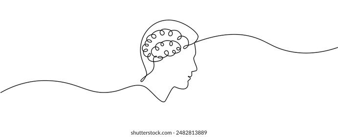 Continuous one-line drawing of a human head with a brain.  Symbol of mental thinking in a simple linear style. Concept of psychology, learning. Vector editable illustration .