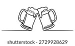 A continuous one-line drawing illustrating two large beer mugs clinking together in a celebratory toast Vector, illustration