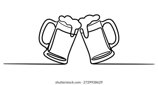 A continuous one-line drawing illustrating two large beer mugs clinking together in a celebratory toast Vector, illustration