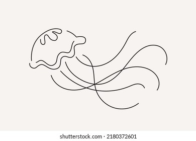 Continuous one-line drawing of jellyfish. Linear image of a sea animal. Black and white vector illustration on a light isolated background. 