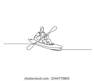 Dibujo continuo de una línea de un kayakista remando en aguas tranquilas. El estilo minimalista de un movimiento fluido y ambiente sereno del deporte de aventura al aire libre