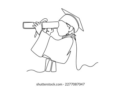 Continuous one-line drawing kids use graduation paper as monocular. Class of 2023 concept single line draws design graphic vector illustration