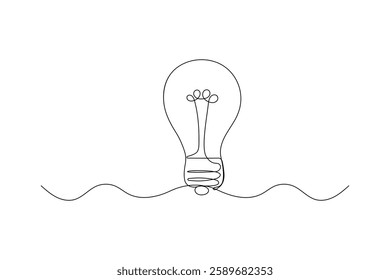 Continuous one-line drawing of a light bulb, symbolizing creativity, innovation, and energy. Minimalist vector illustration