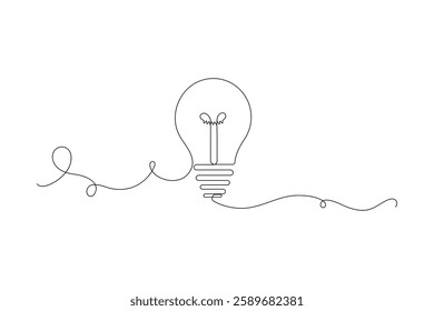 Continuous one-line drawing of a light bulb, symbolizing creativity, innovation, and energy. Minimalist vector illustration