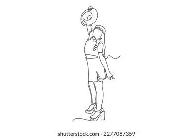 Continuous one-line drawing long hair women held up a vinyl record. 70s style concept single line draws design graphic vector illustration