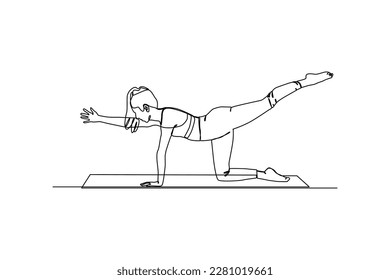 Continuo dibujo de una línea de mujer de pelo largo haciendo yoga para el vientre. El concepto de actividades de fitness. Ilustración vectorial de diseño de líneas simples