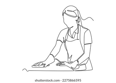 Continuous one-line drawing long-haired girl wiping the table. Kitchen activity concept Single line draw design graphic vector illustration