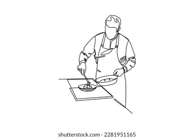 Continuous one-line drawing a male chef cooking in the kitchen. Kitchen activity concept. Single line drawing design graphic vector illustration