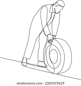 Continuous one-line drawing man carrying and cleaning car tires. Auto service concept. Single line drawing design graphic vector illustration