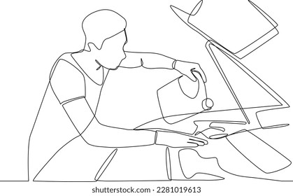 Continuous one-line drawing man changing car oil in the repair shop. Auto service concept. Single line drawing design graphic vector illustration