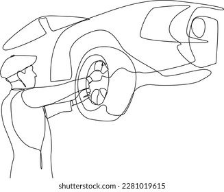 Continuous one-line drawing of a man changing a rear car tire. Auto service concept. Single line drawing design graphic vector illustration